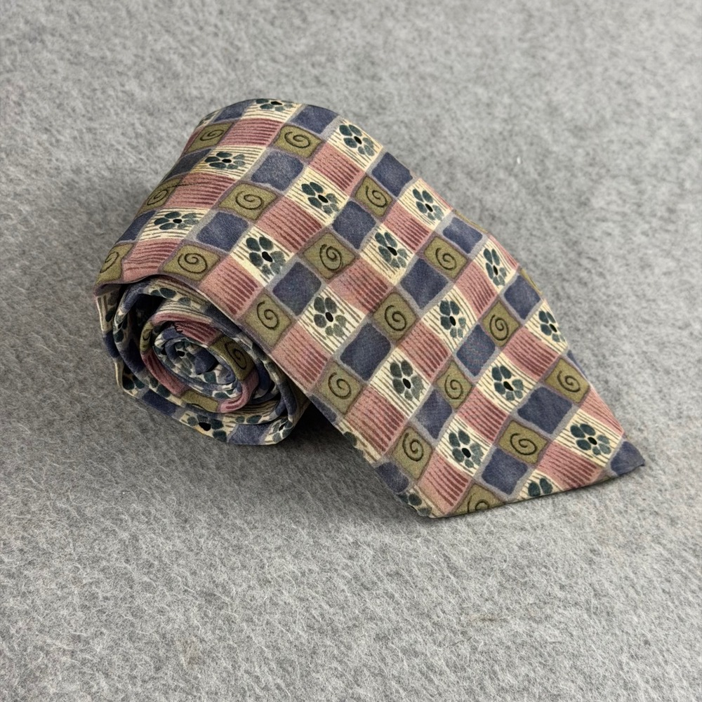 Vintage Jerry Garcia Mens Tie Snail Garden Pink Squares 100% Silk USA 57x3.6"